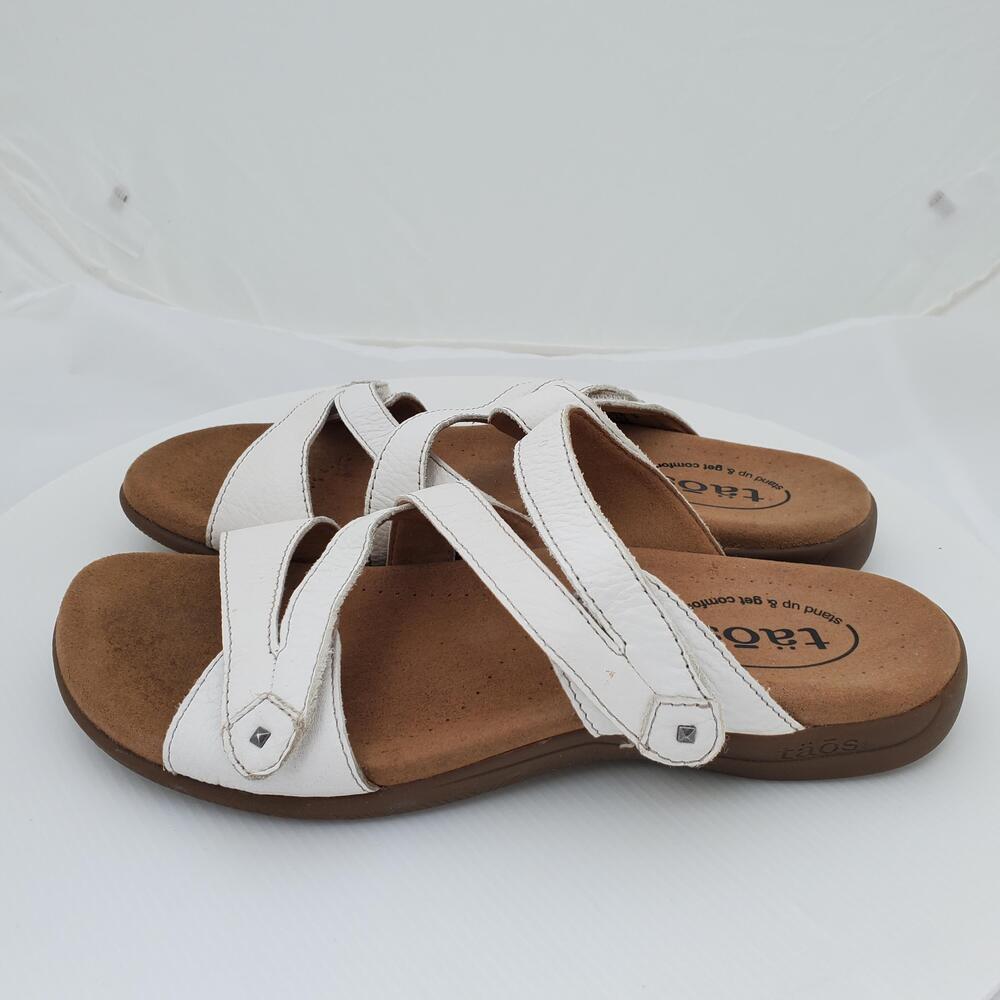 Taos Double U Slide Sandals Women 7 White Leather Comfort Wedge Strappy DBU13930